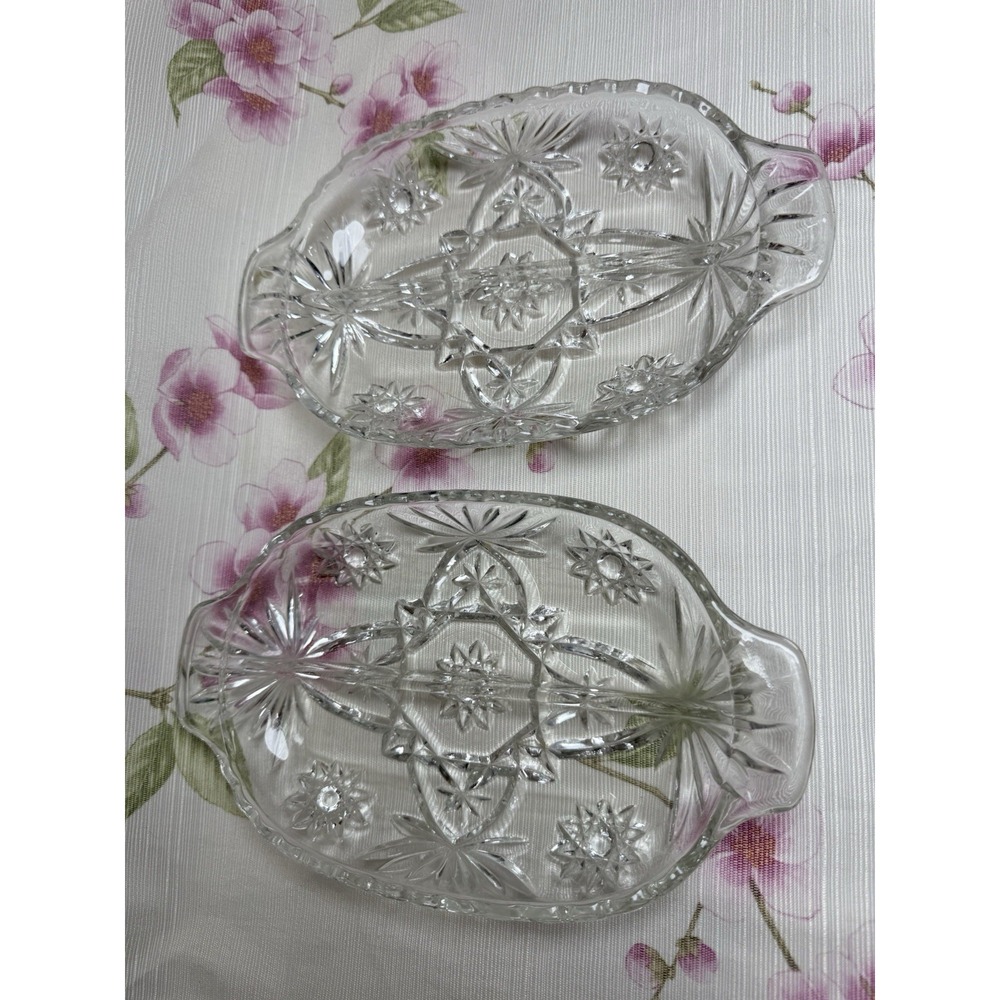 Vintage Clear Pressed Glass Relish Divided Dishes Floral Starburst Set of 2